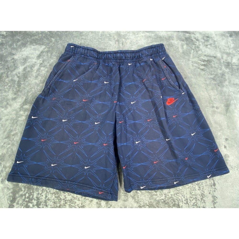 Nike Shorts Men XL Blue Fleece Sweat Red Swoosh All Over Print Athletic Gym Logo